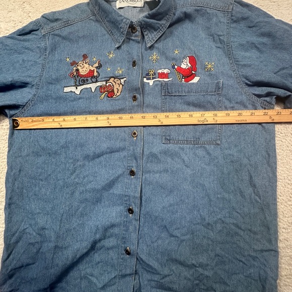 Vintage Tangibles Womens Denim Button Shirt Santa Christmas Embroidered XL - Picture 4 of 7